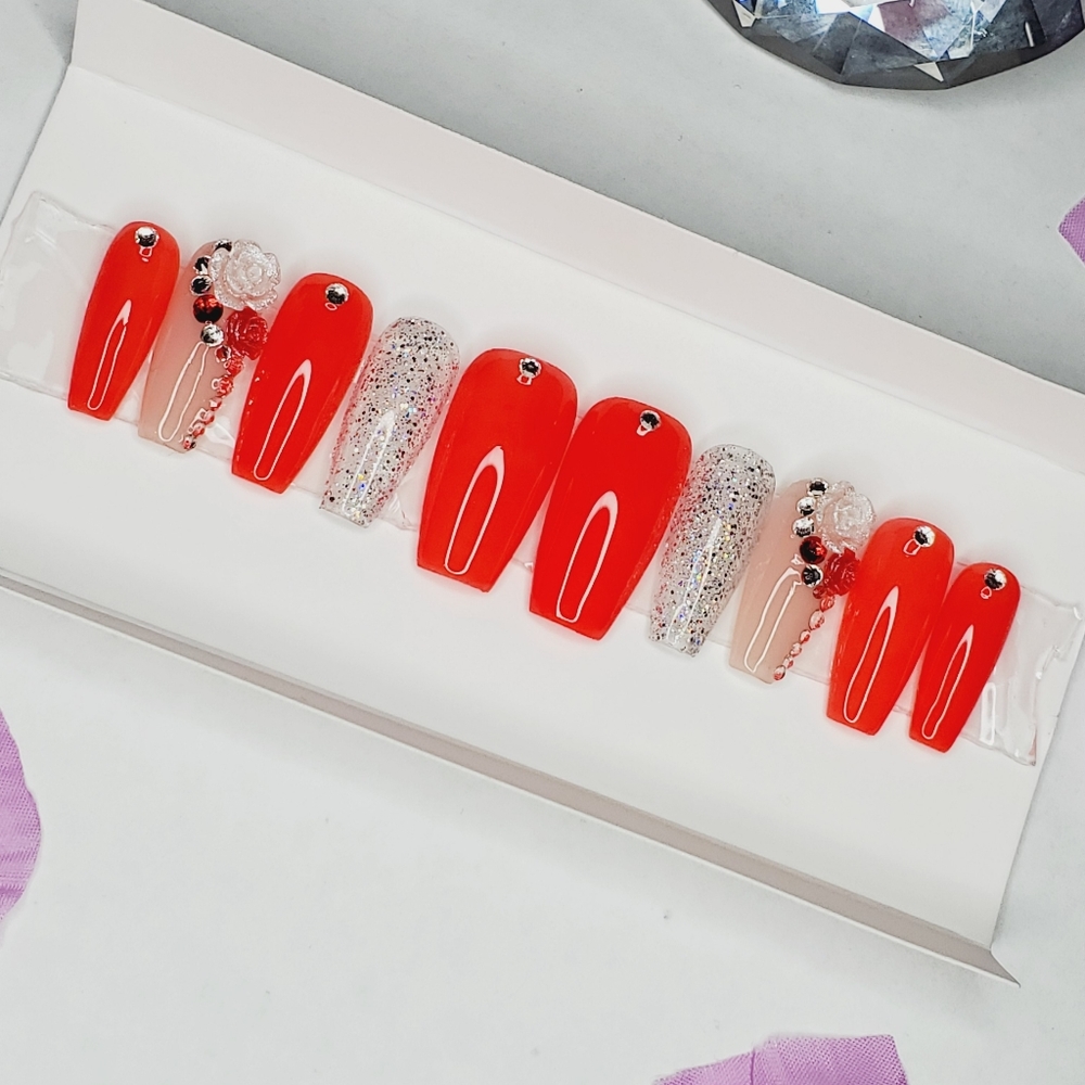 Electric Rose press on nails, Neon Red Nails, bling nails, Valentines Day Nails